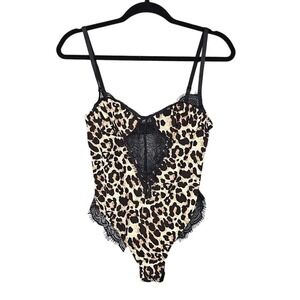 Lingerie Teddy Women Small Leopard Pattern Black Lace Insert High Leg Romantic